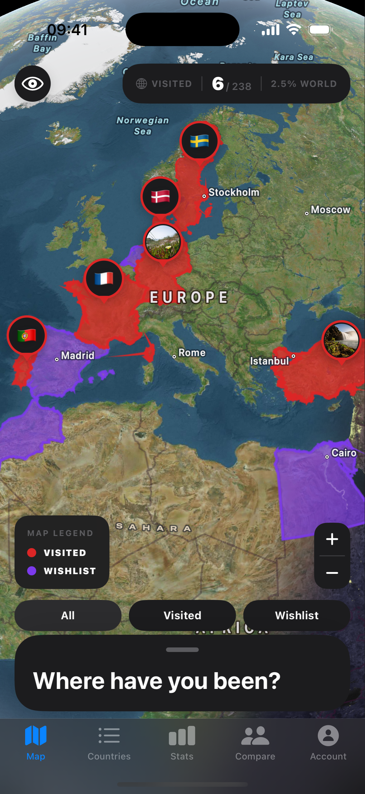 Map — zoomed to Europe with flag pin annotations on visited countries