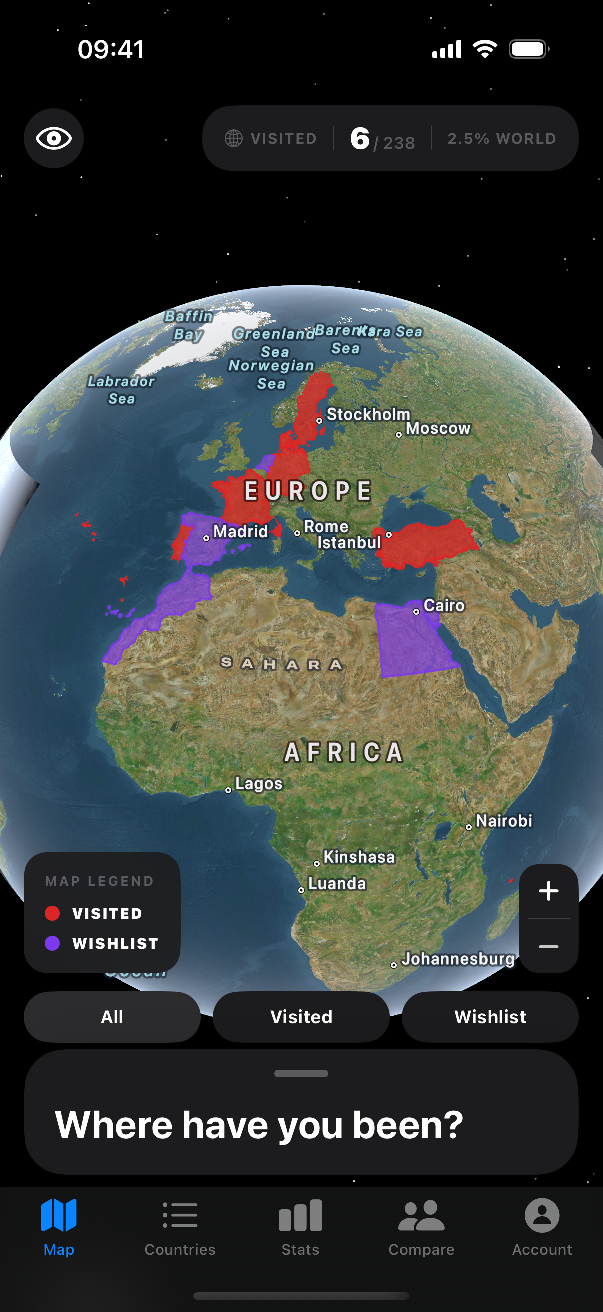 Map — globe view, Europe/Africa, red visited · purple wishlist